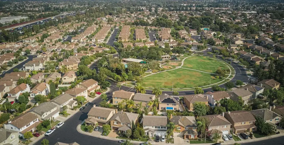 Aerial view of a suburban neighborhood of detached family homes